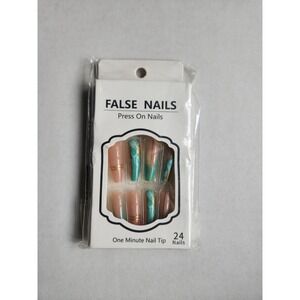 24Pcs Set Long Coffin Ballet Turquoise Green Marble Press On Nails Gold metallic